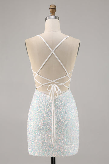 Vestido de regreso a casa con corsé ajustado blanco brillante con apliques